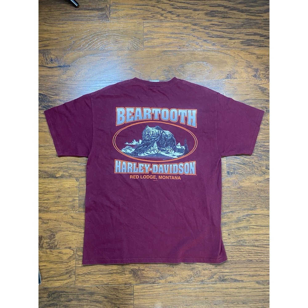 Harley-Davidson Beartooth Montana Grizzly Bear Pocket T-Shirt Burgundy Large Pin